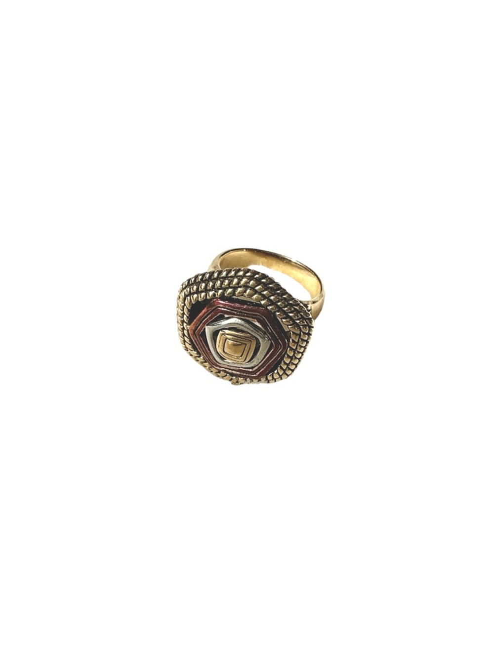 Studio Barse Gold Ring with Brown and Silver Concentric Hexagons